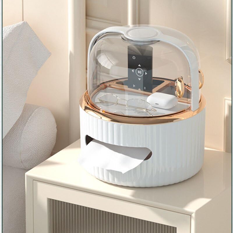 Round Tissue Box Cover with Storage – Dustproof Tissue Holder Organizer